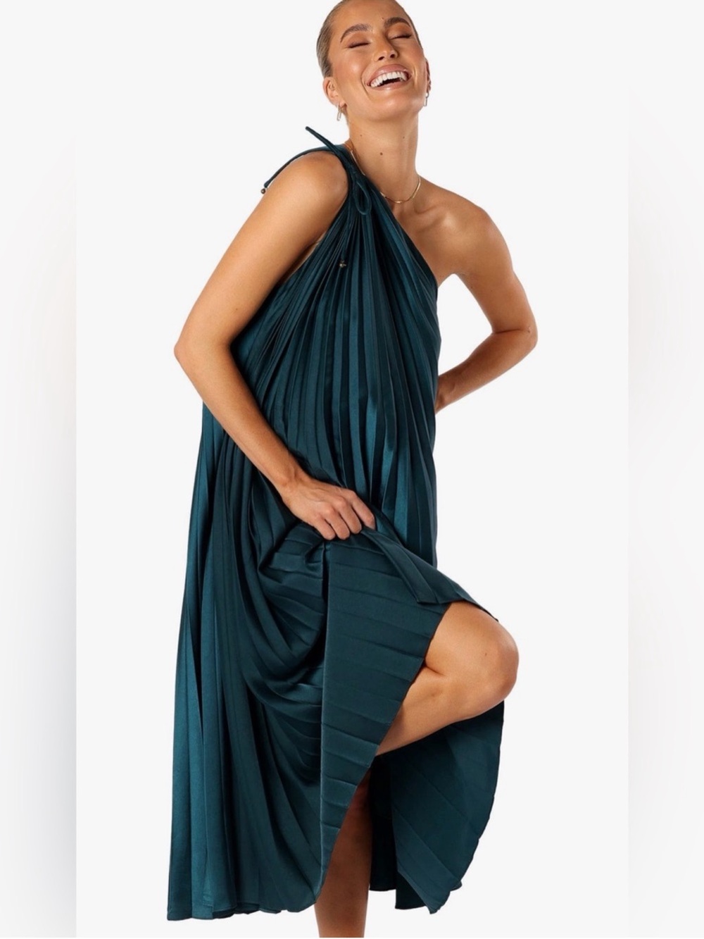 Petal + Pup Emerald Green One Shoulder Pleated Maxi Dress Size Medium - Picture 5 of 6